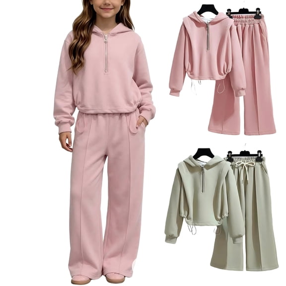 Wilark Girls Outfit Sweatsuits Size 10-12, Half Zip Long Sleeve Fall Winter Fleece 2 PC Cropped Hoodies and Sweatpants Sets Pink 10