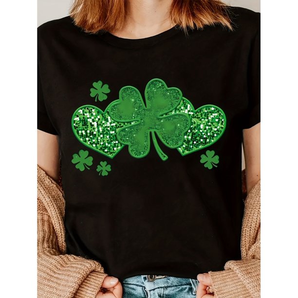 St. Patrick'S Lucky St. Pati Glitter, Green Man Papuano, Irish Clover T-Shirt Papua Print T-Shirt, Casual Crew Neck Short Sleeve T-Shirt, Women'S Clothing