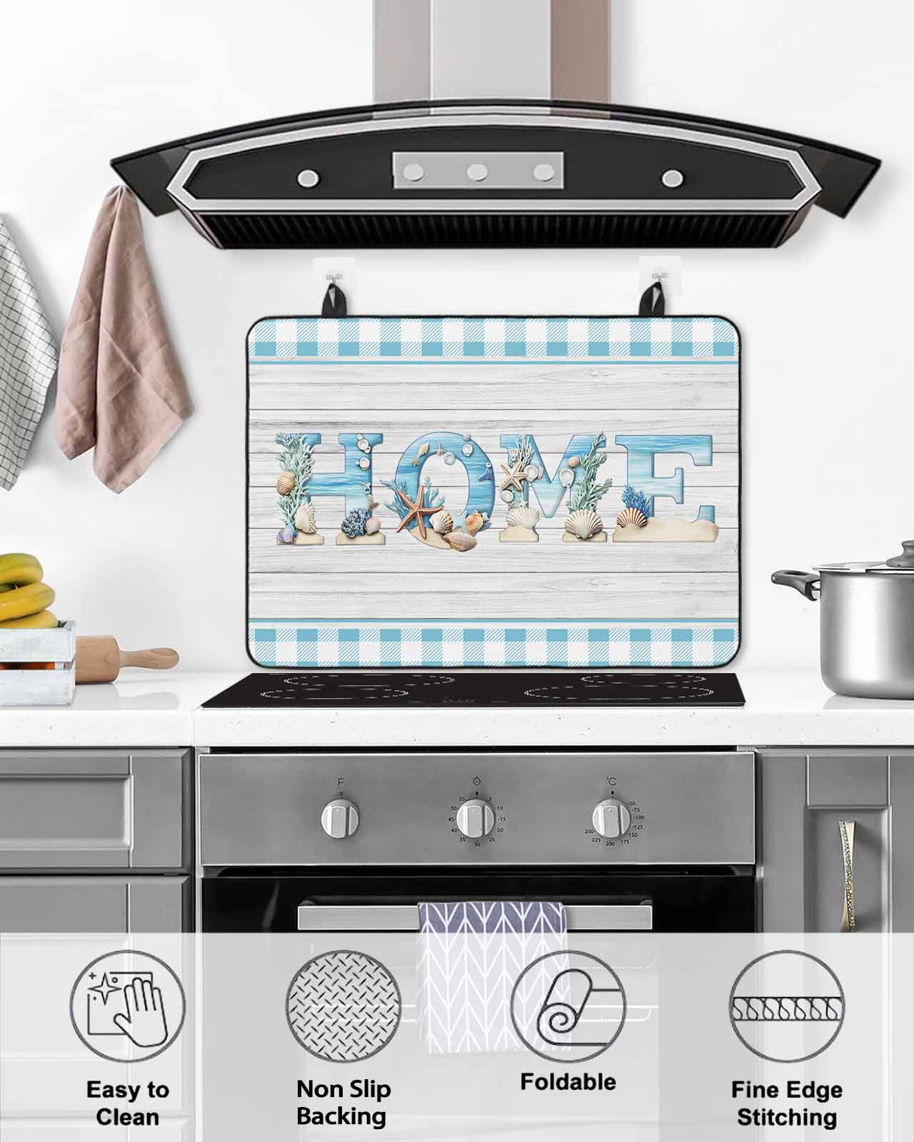 nqOlkjepod Large Induction Cooktop Protector Mat 24"x21", Coastal Summer Beach Stove Top Covers for Electric Stove, Wood Grain Blue White Plaid Stove Burner Cover Mats, Glass Top Stove Cover