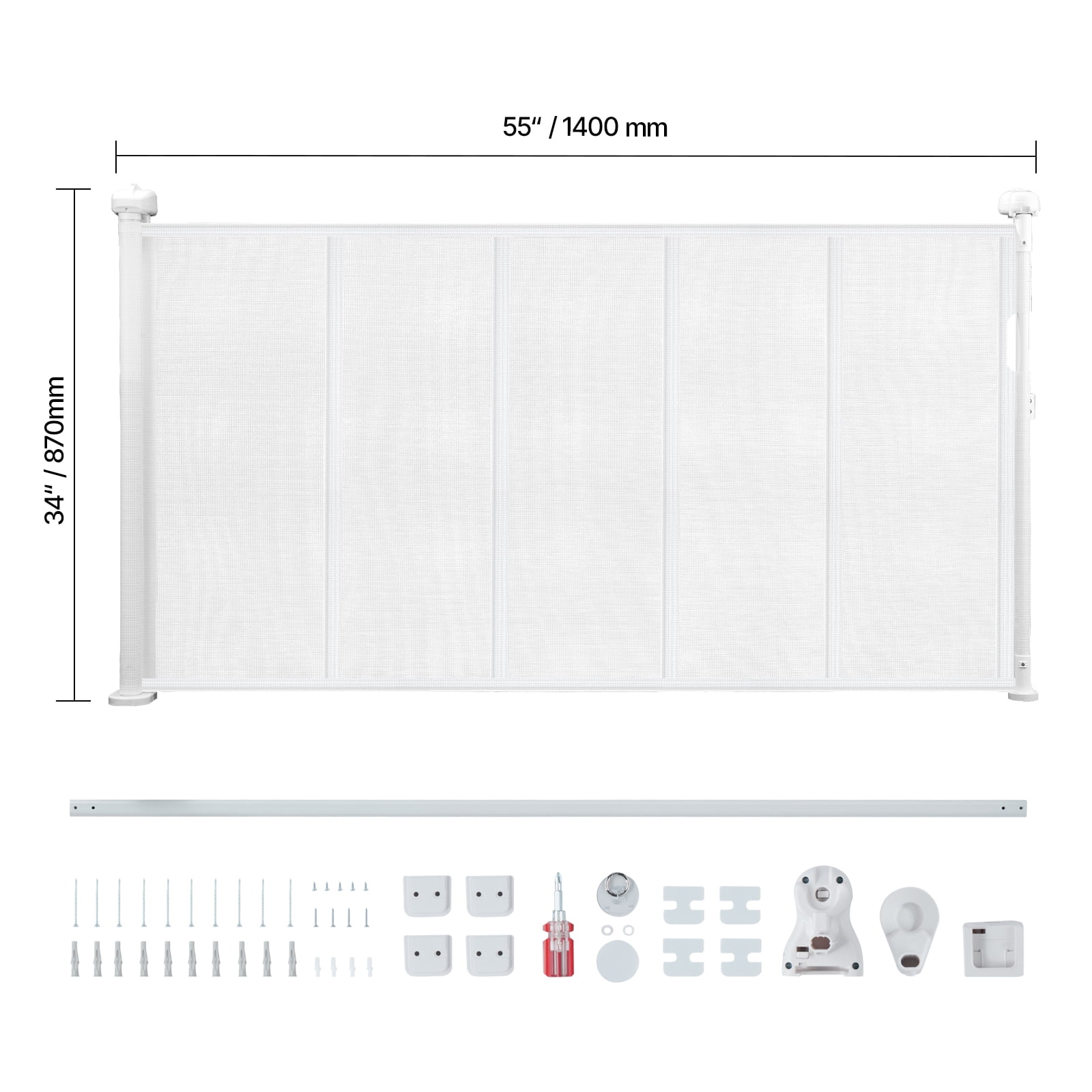 KFFKFF Retractable Baby Gate, 34-Inch Height, Expands Up to 55 Inches Wide, Mesh Barrier for Children or Pets, Simple Installation for Stairs, Doorways, Hallways, and Play Areas, White