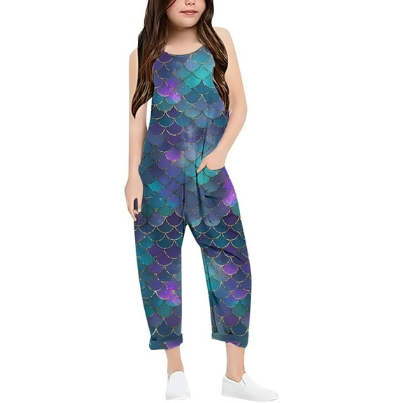 Girls' Fish Scale Printed Casual V Strap Romper Solid Color Loose Casual Romper With Pocket Size 16 Girl Clothes Kids Light Leggings