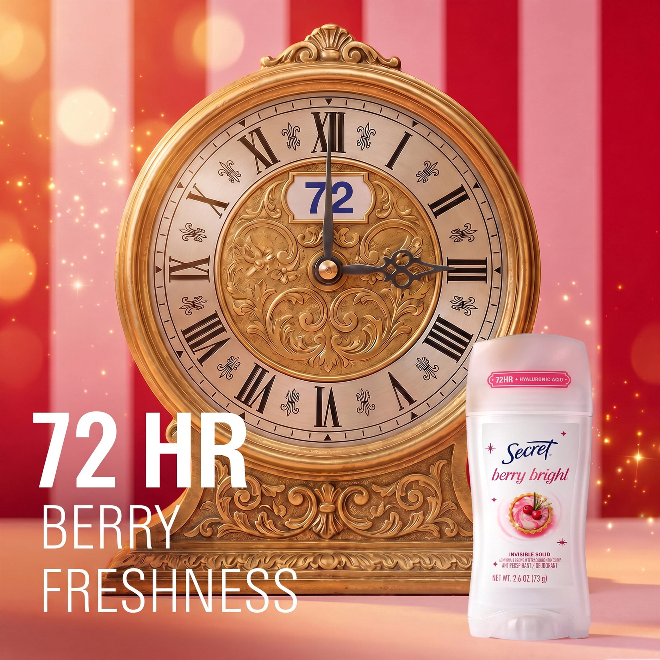 Secret 72HR Holiday Fresh Antiperspirant & Deodorant, Hyaluronic Acid, Invisible Solid, Berry Bright 2.6oz
