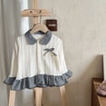 thumbnail image 4 of SGFCWSX Girls Cardigan Button Front Gingham Collar Ruffle Hem Bow Cable Knit Sweater for Kids Beige Size 4T, 4 of 9