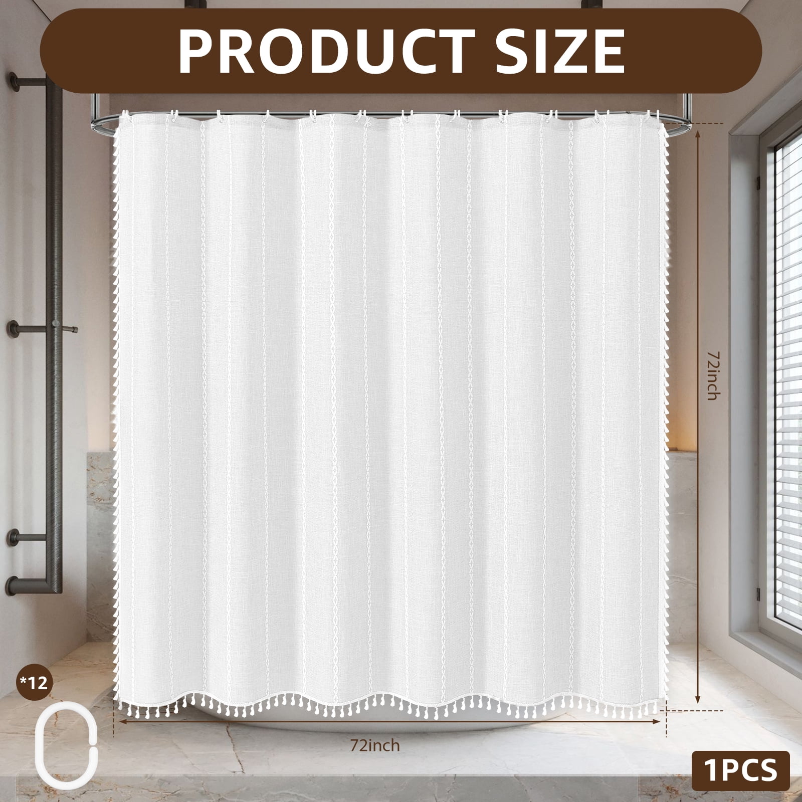 Dznils Boho Tassel Shower Curtain with Hooks, Farmhouse Thick Cloth Linen Fabric Bathroom Curtain, White, 72" x 72"
