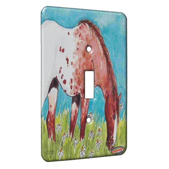 KuzmarK™ Single Gang Toggle Switch Wall Plate - Snowcap Strawberry Roan Appaloosa with Daisies Horse Art by Denise Every