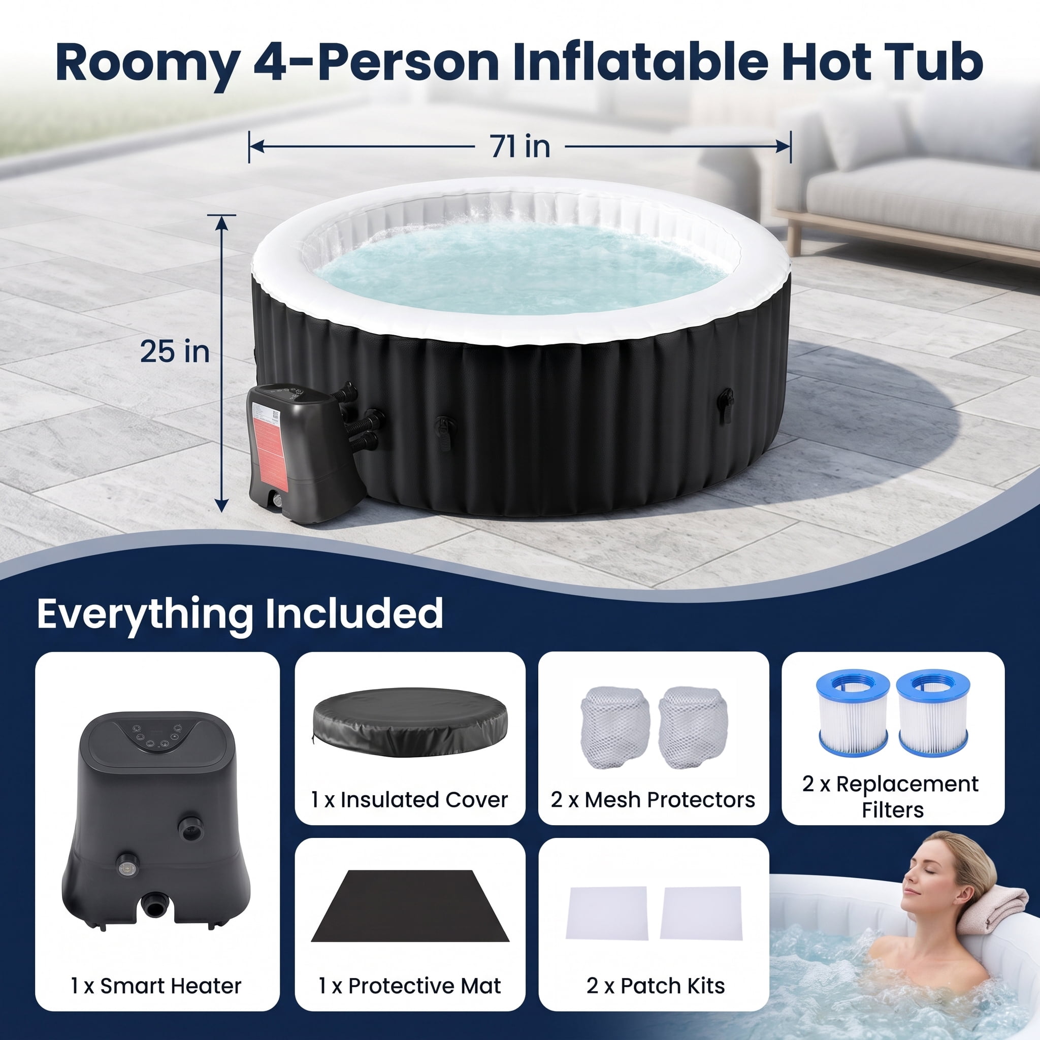 Ficisog Air Jet Inflatable Hot Tub for 2-4 Person, Portable Outdoor Blow Up Tub with Heater Pump and Insulated Cover, Round Family SPA Hot Tub, 211 Gallons, 110 Soothing Jets, 71" L X 71" W X 25" H