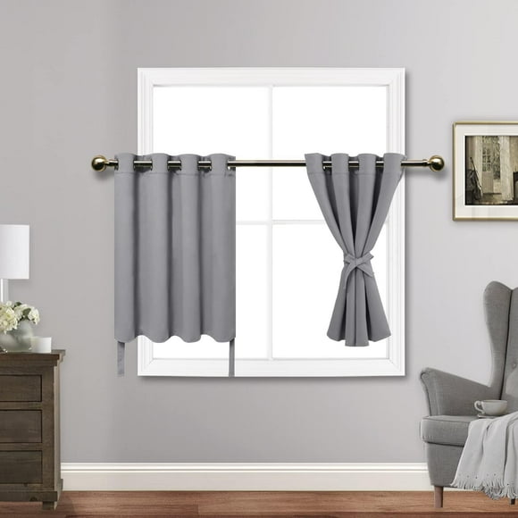 TRAHOO-Short Blackout Curtains with Tiebacks for Kitchen, Light Blocking and Noise Reducing Grommet Small Window Curtains for Bathroom/Bedroom, Set of 2 Panels, 52 x 36 Inch Length, Light Grey