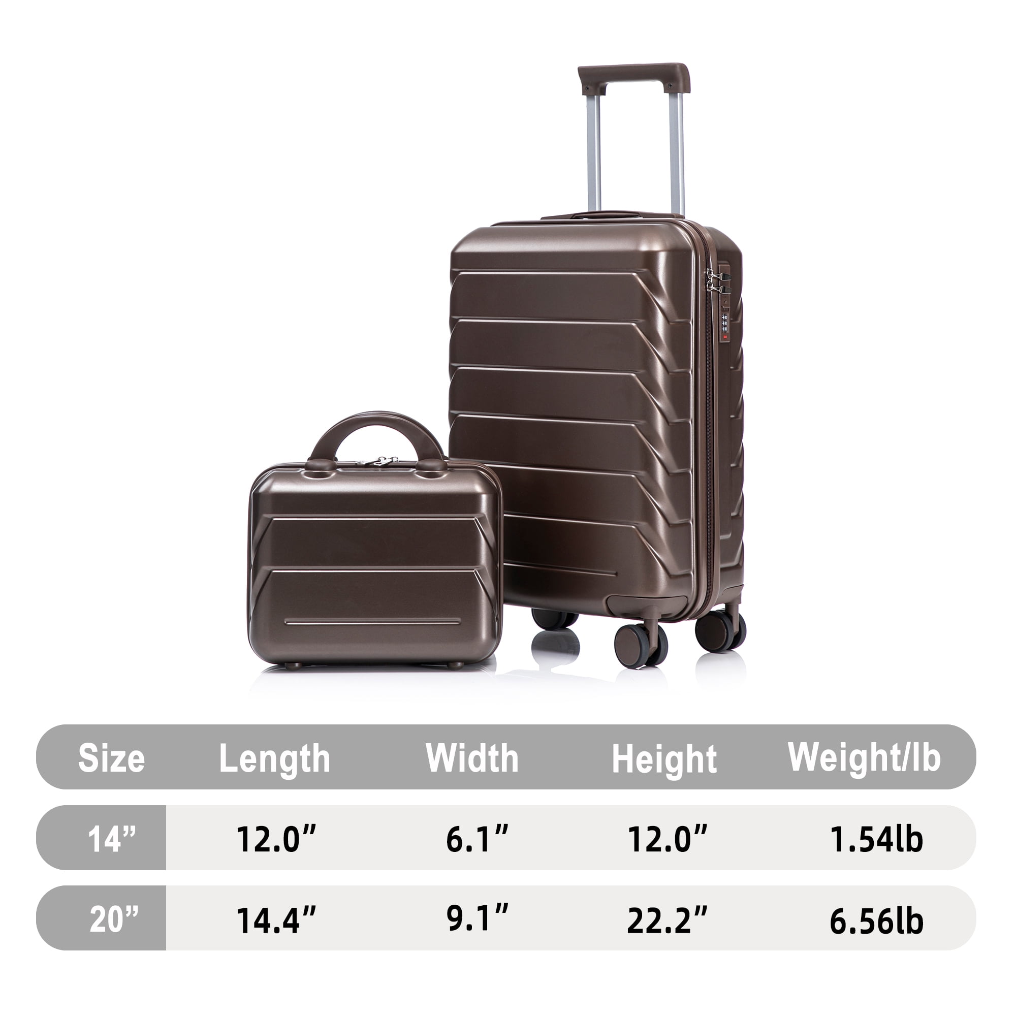 Alvantor 2 Pcs Luggage Set with Combination Lock, 20" ABS Spinner Suitcase & 14" Cosmetic Case, Brown