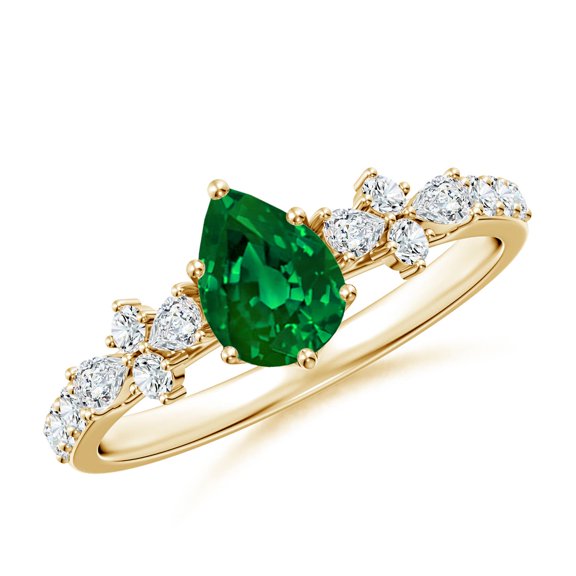 ANGARA Lab Grown Pear-Shaped Emerald Side Stone Engagement Ring with Accents for Women in 14K Yellow Gold (Size-7x5mm) | May Birthstone, Anniversary, Jewelry Gift for Women | Lab-Grown Emerald Ring