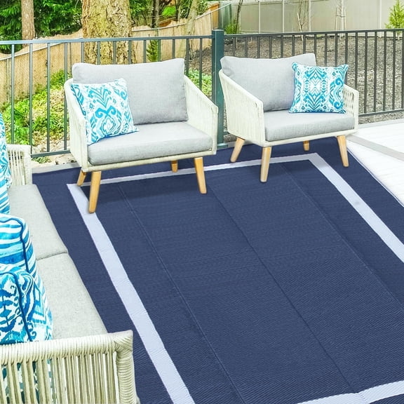Bibana 9ft x 12ft Outdoor Rug, Reversible Waterproof Plastic Straw Mat for Patio, Deck, RV, Porch, Balcony & Backyard, Indoor/Outdoor Floor Carpet (Blue)