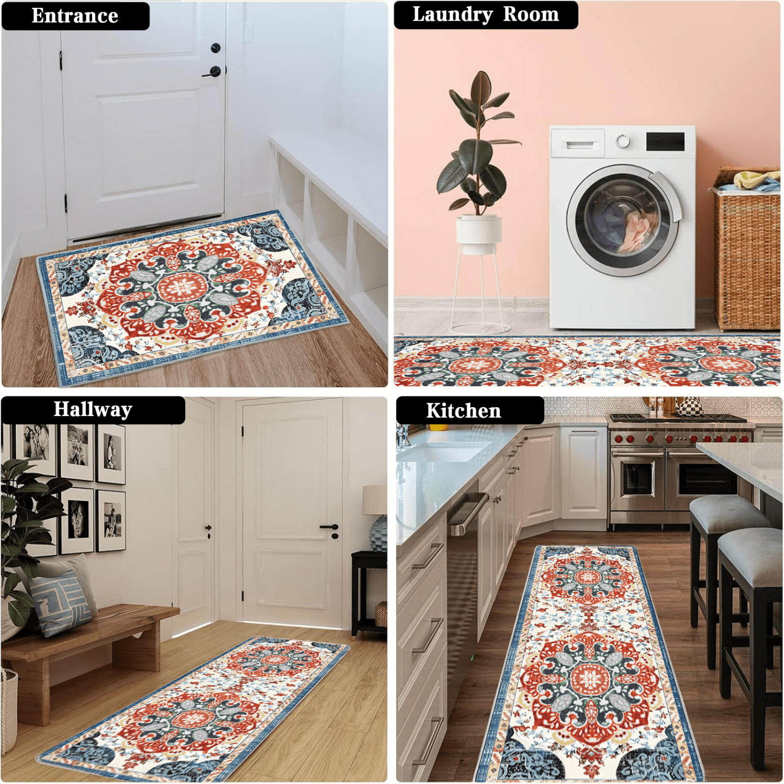 TECHVIDA Kitchen Rugs Sets 3 Piece with Runner Non Slip Kitchen Mats for Floor Washable Bohemian Runner Rug Kitchen Floor Mat Carpet for Hallway Laundry Room Door Office Sink