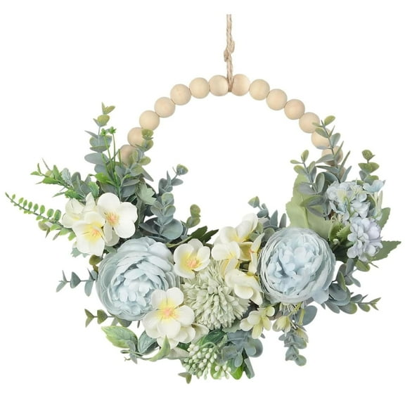 Nanoei Hydrangea Wreath for Front Door, Spring Floral Decoration with Wood Beads, Realistic Peonies And Greenery for Wall And Window, Farmhouse Home Decor Blue