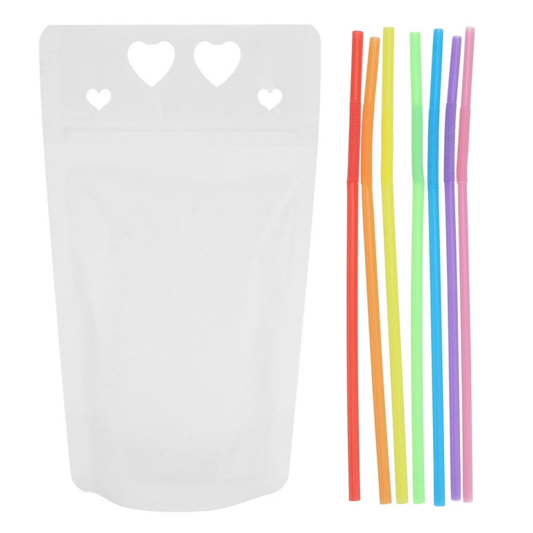 50PCS Love Pattern Clear Drink Pouches Bags Heavy Duty Hand-held  Translucent Reclosable Zipper Stand-up Plastic Pouches Bags Drinking Bags  Bottom Gusset with 4 Bag Straws 