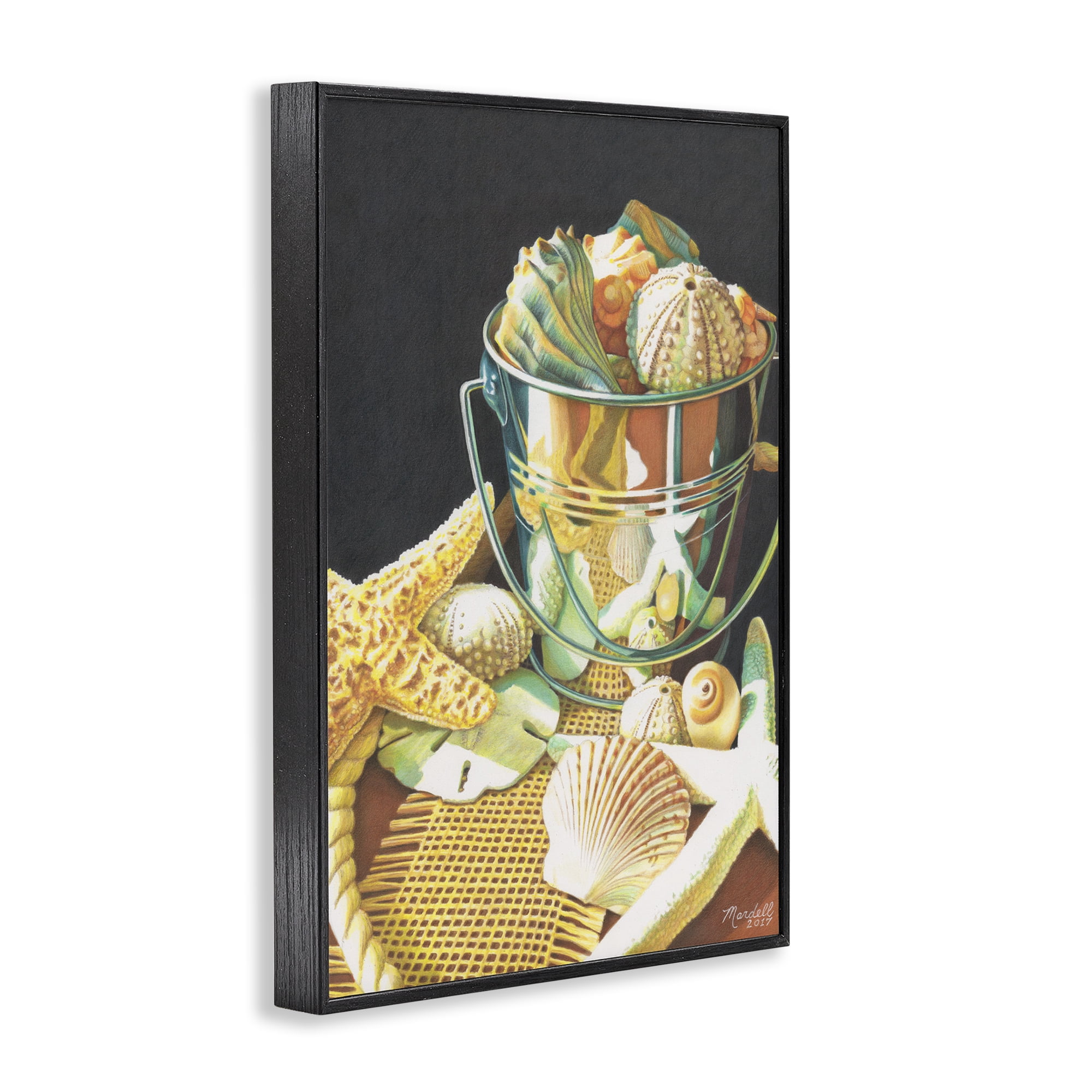 Stupell Industries Bucket Of Seashells Coastal Painting Black Framed Art Print Wall Art, 12 x 18
