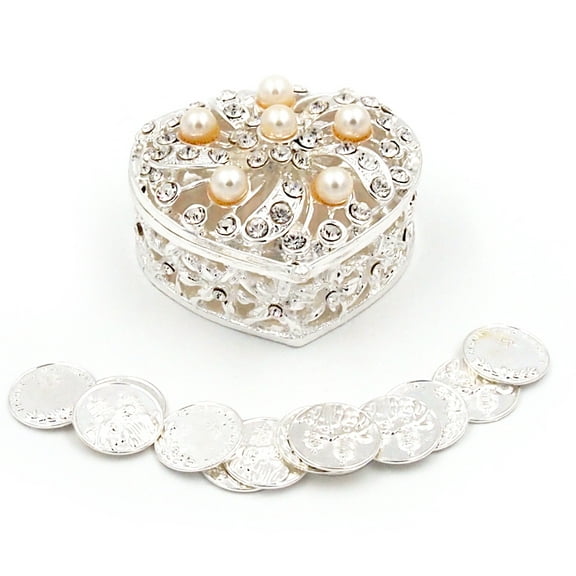 Joice Gift Silver Elegant Pearl Rhinestone Wedding Arras Heart Shape Box Set with Unity Coins