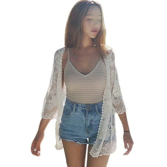 Women Lace Open Front Kimono Cardigan Crochet Floral Sheer Mesh Beach Cover Up