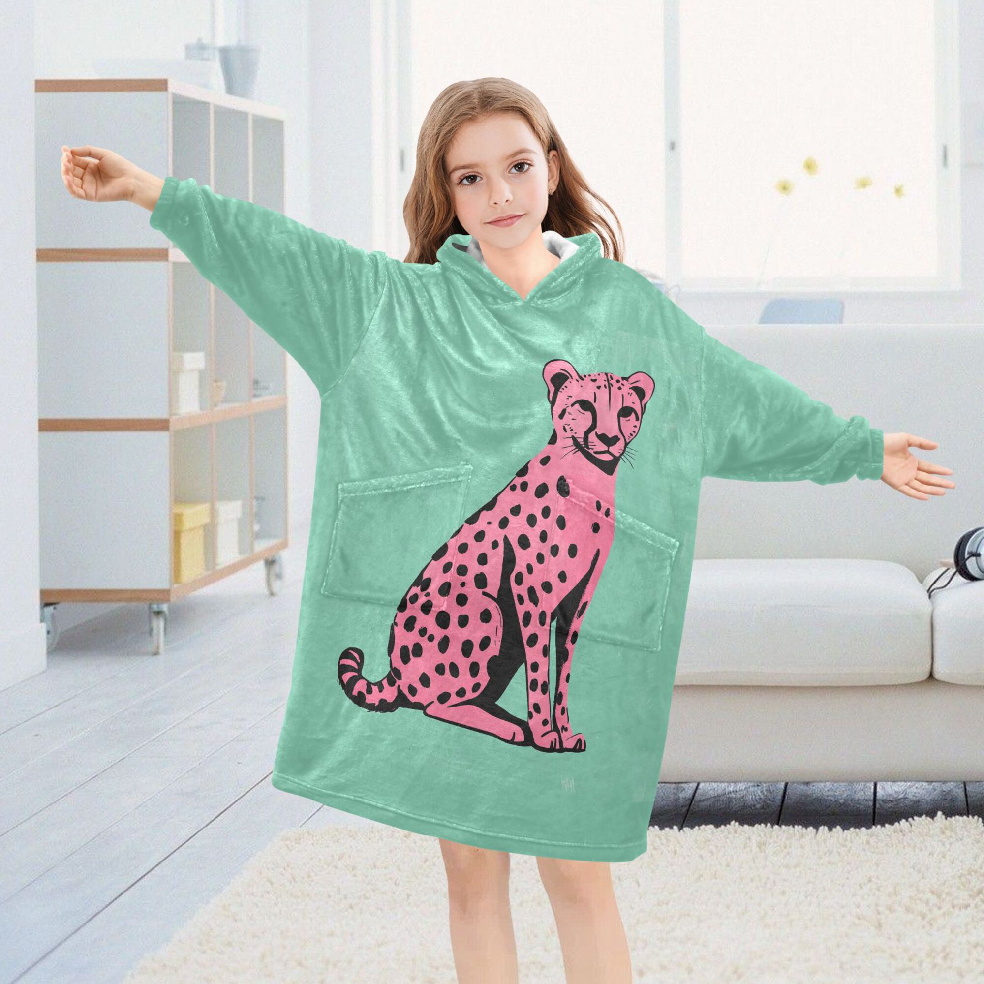 FORMRS Wearable Blanket Hoodie with Sleeves for Kids Cozy Flannel Sweatshirt, Pink Cheetah