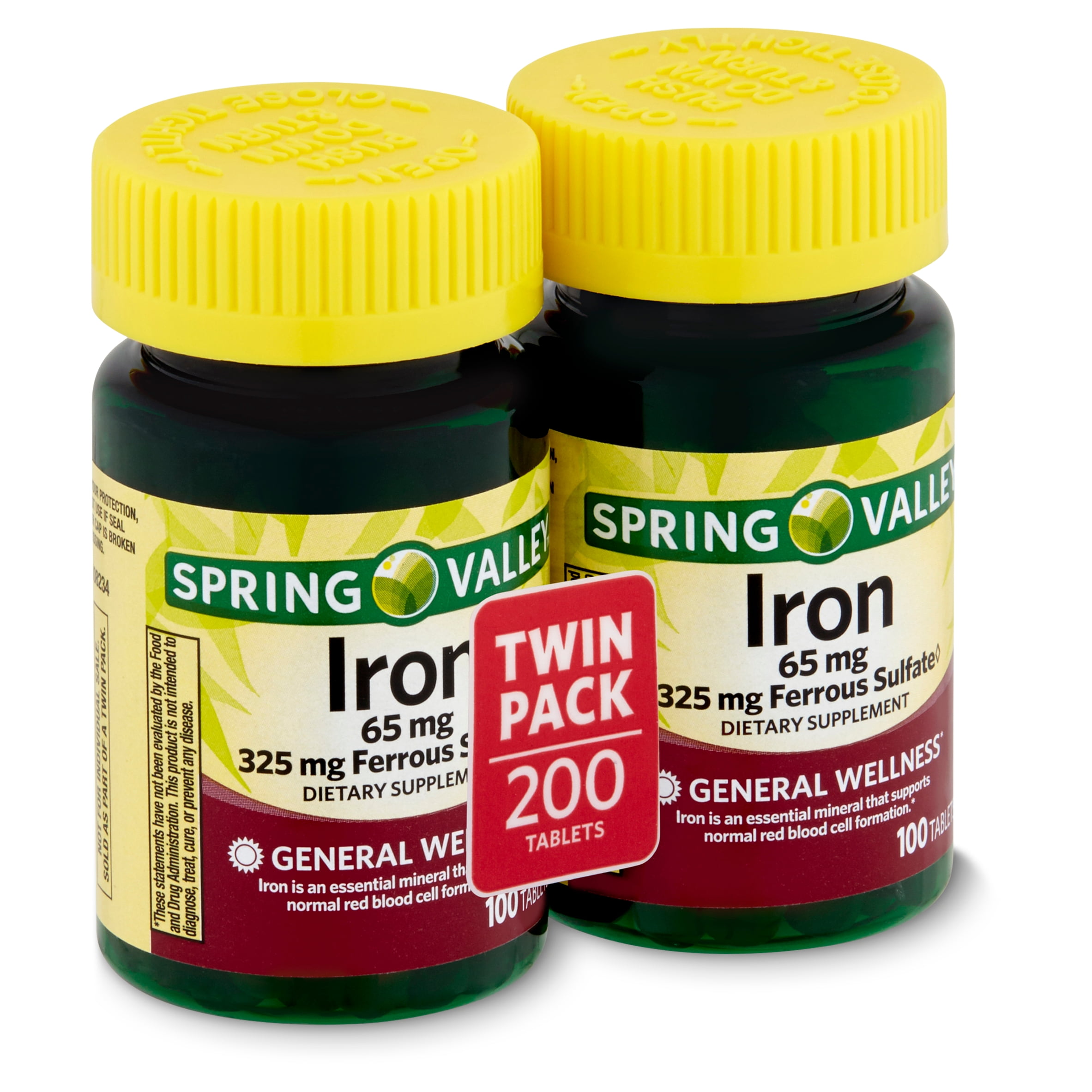 Spring Valley Iron Tablets Twin Pack, 65 mg, 200 count, 2 pack