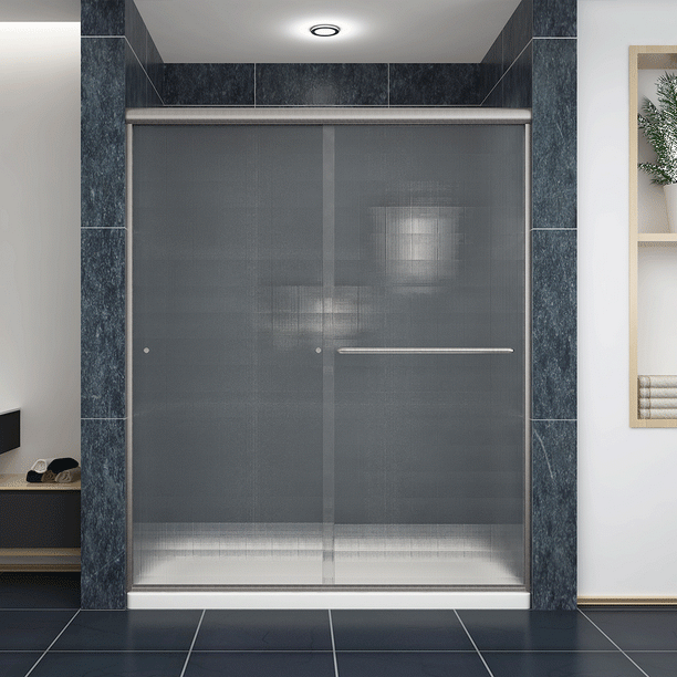 SUNNY SHOWER 60" W x 72" H Semiframeless Shower Door, 1/4" Frosted Glass Panel, Double Sliding