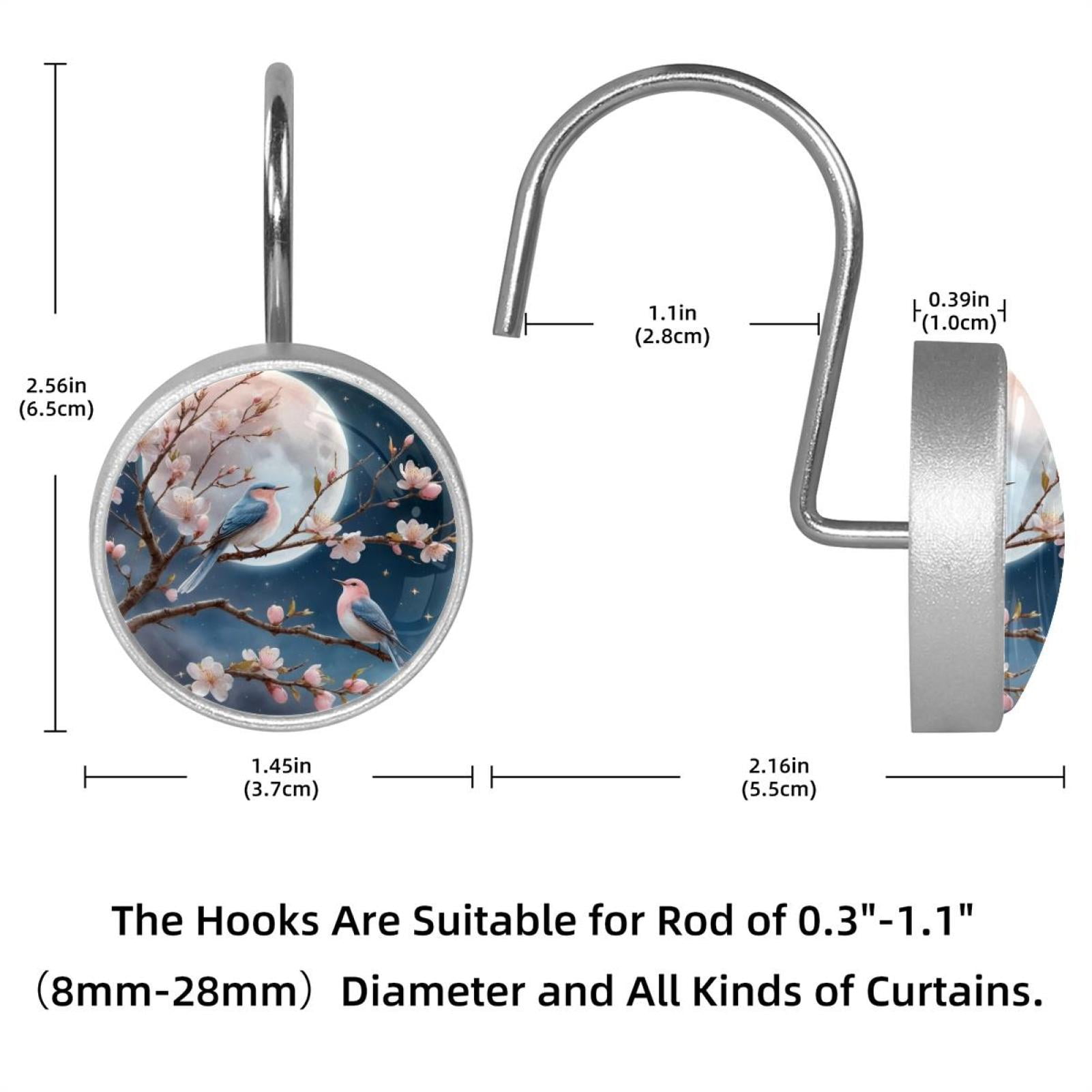 Imobaby 12 Pcs Metal Shower Curtain Hooks Rust Proof for Shower Curtain Liner - Moonlight Magpie Pink