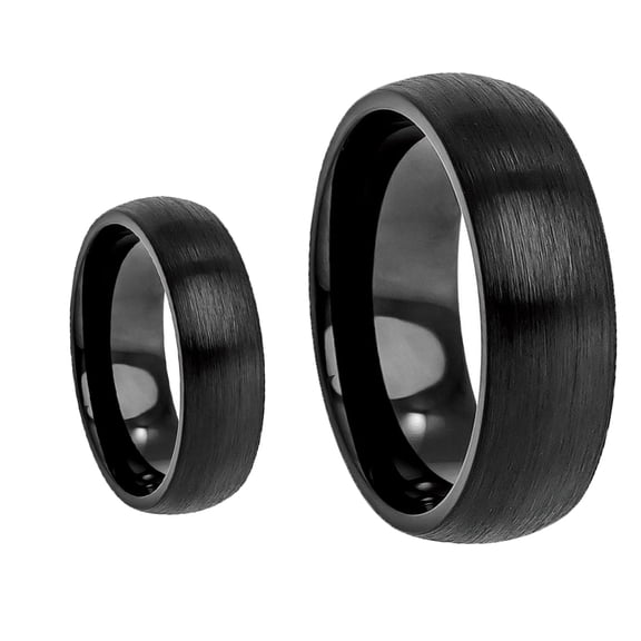 Matching Mens and Ladies Black Brushed Finish Domed Tungsten Carbide Wedding Band Ring Set
