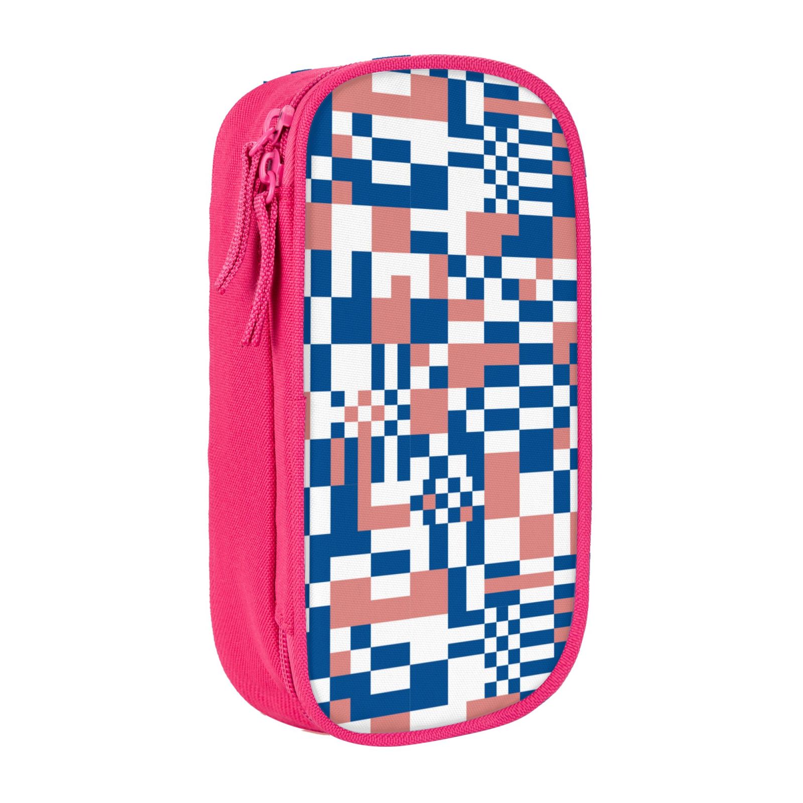 Large Storage Pencil Case, Flat Checkerboard Blue Block Pattern with