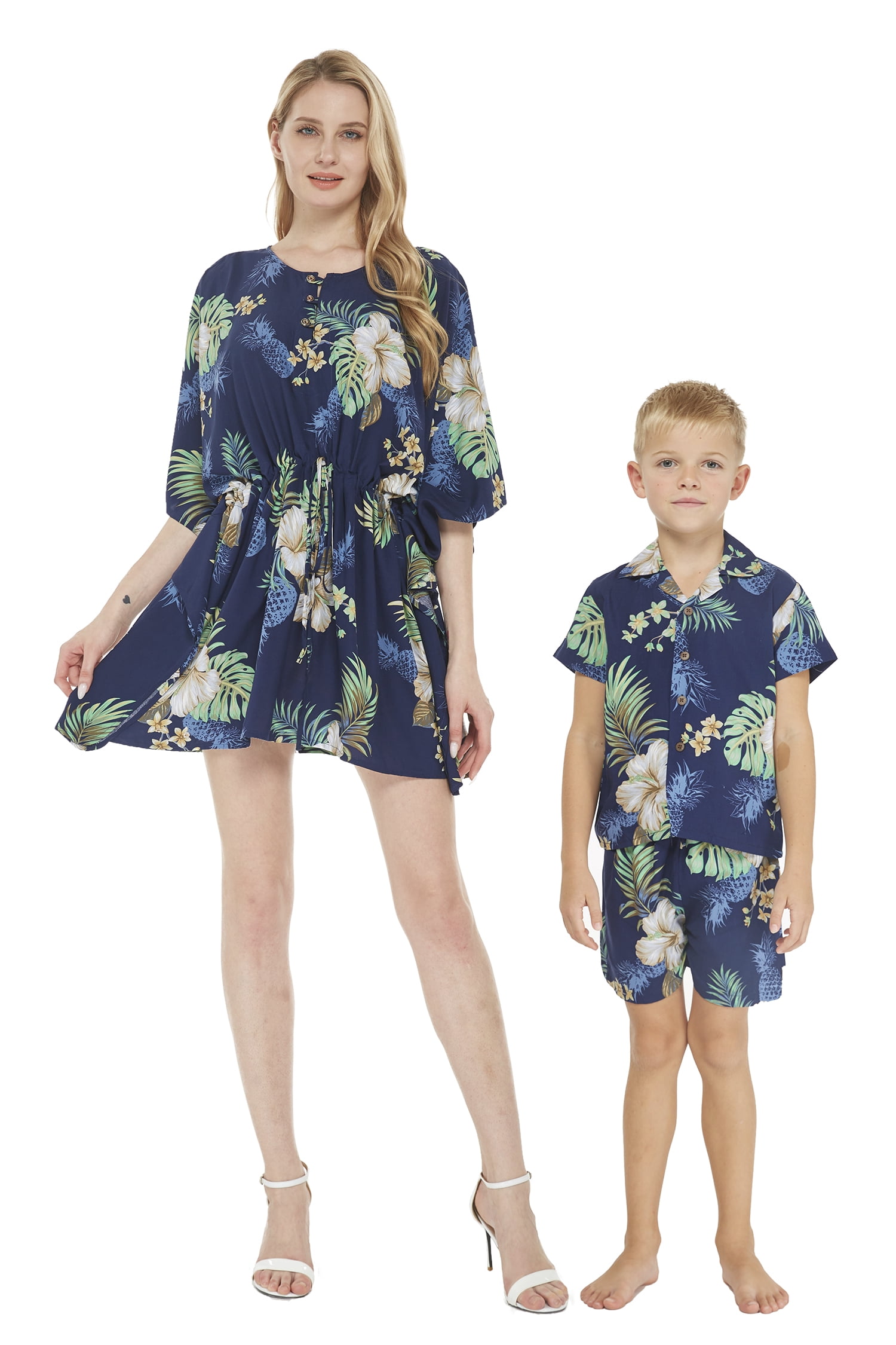 Matching Mother Son Hawaiian Luau Outfit Poncho Dress Shirt in Wispy