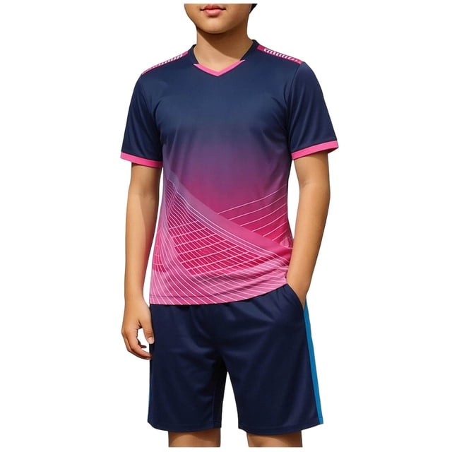 Odeerbi Niños Niñas Rápido Seco Juego de Entrenamiento de Fútbol Gradiente Geométrico Cuello En V Camiseta Shorts Conjunto Atlético Para 5-17 Años