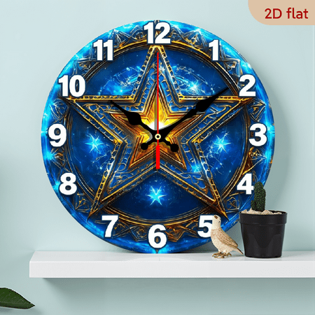 A 10-inch 2D flat Blue Star theme wooden circular wall clock, suitable for decoration in bedrooms, living rooms and offices. It is an ideal gift for Christmas and New Year.