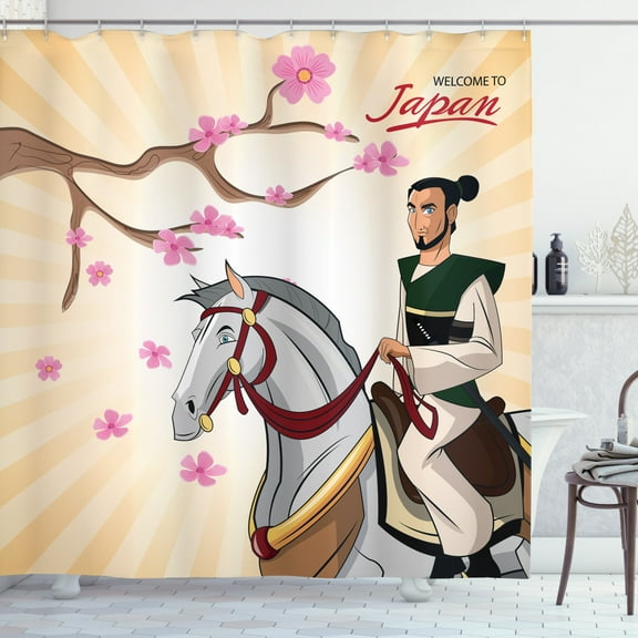 Samurai Shower Curtain, Traditional Medieval Clothing Wearing Man on a Horse with Blooming Sakura Branch, Fabric Bathroom Set with Hooks, 69W X 84L Inches Extra Long, Multicolor, by Ambesonne