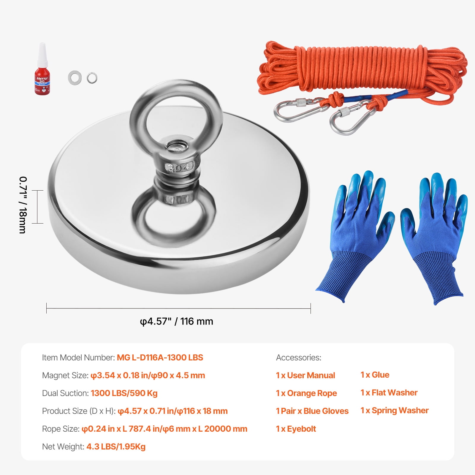 VEVOR Magnet Fishing Kit, 1300 LBS/590 Kg Single-Sided Pulling Force Strong Magnet Fishing Kit, Rare Earth Neodymium Magnetic Fishing Kit Includes Grappling Hook, Heavy Duty Rope, Gloves and Eyebolt