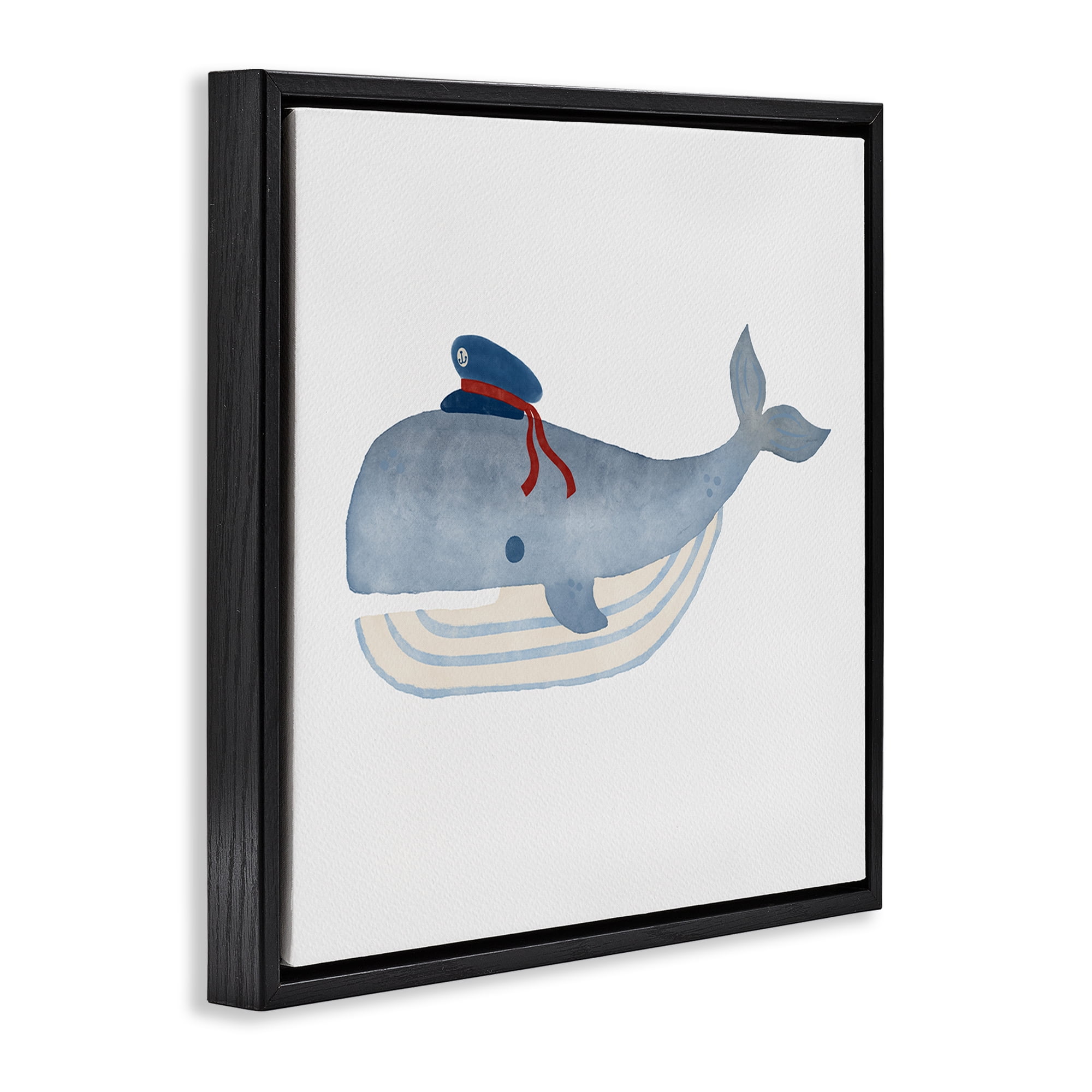 Stupell Industries Captain Whale with Hat Animals Painting Black Floater Framed Canvas Art Print Wall Art, 18 x 18