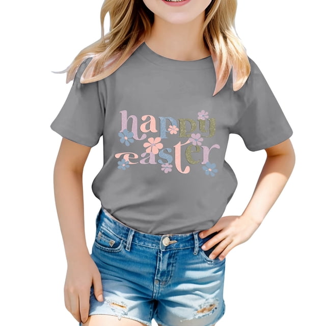PMVFHDE T-Shirt pour Filles T-Shirts Graphiques Mignons Hauts d'Été pour Filles Enfants Pâques T-Shirt Graphique Mignon Col Rond Manches Courtes T-Shirt Décontracté d'Été Gris, 2-3 Ans
