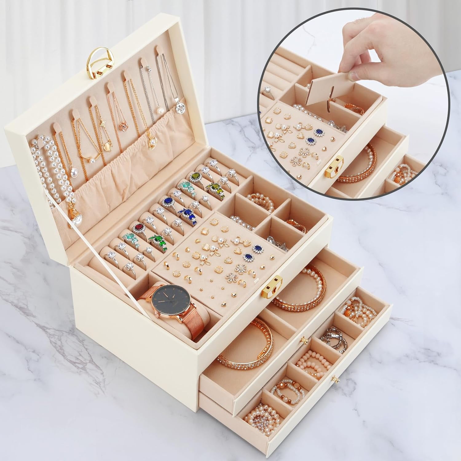Christmas Gift for Women,Large Jewelry Box for Women Girls, 3 Layer Large Jewelry Boxes & Organizers, PU Leather Jewlwey Display Holder with Removable Tray for Earrings Rings Bracelets,Pink