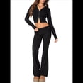 thumbnail image 1 of Conjunto de Dos Piezas de Punto para Mujer: Suéter de Larga con Cremallera, Sudadera Corta con Capucha y Pantalón Acampanado. Negro L, 1 of 9