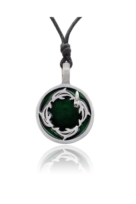Dark Green Dolphin Silver Pewter Charm Necklace Pendant Jewelry With Cotton Cord