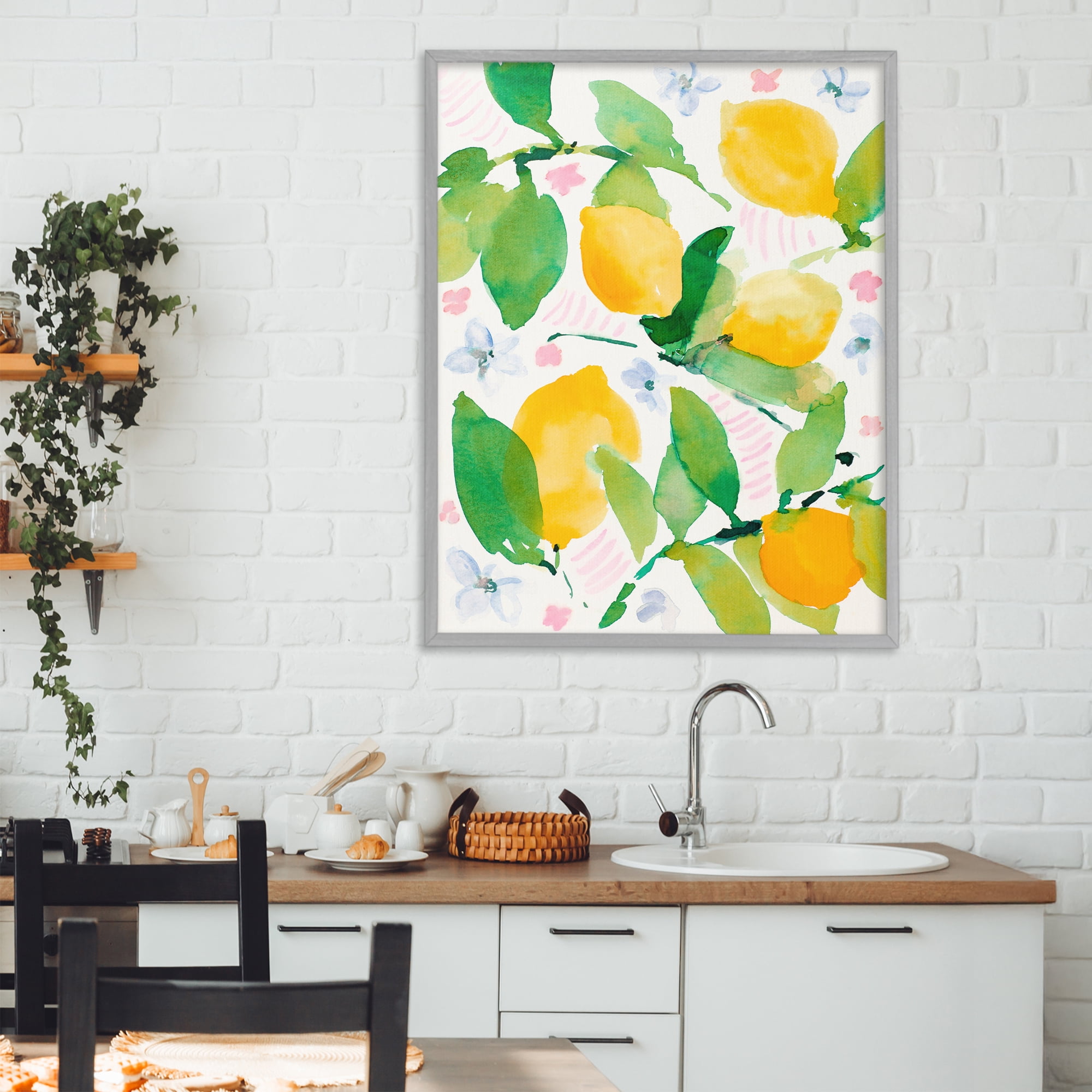 Stupell Industries Garden Lemons with Pastel Florals Gray Framed Giclee Art, design by Lanie Loreth