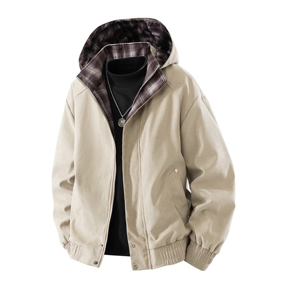 Lovzfmll Men's Plaid Workwear Jacket Hooded Zip Up Detachable Utility Khaki, L