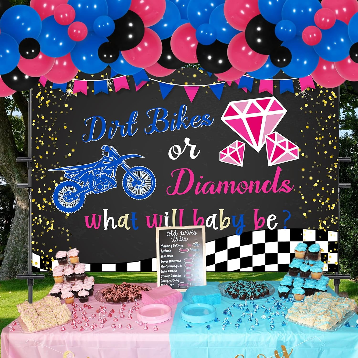 Dirt Bikes or Diamonds Boy or Girl Gender Reveal Decor with What Will Baby Be Backdrop Banner Dirt Bikes or Diamonds Pink Blue Gender Reveal Balloon Arch Kit for He or She Baby Shower
