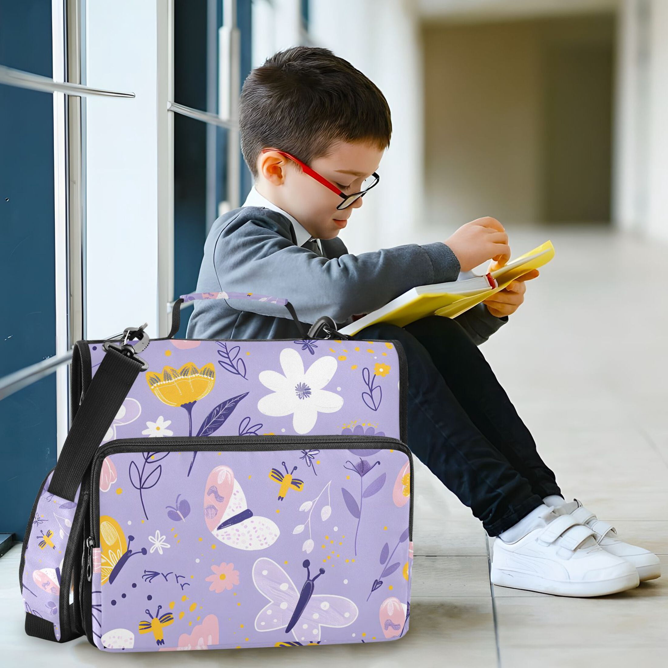 3 Ring Zipper Binder with Shoulder Strap Waterproof Trapper Keeper 2 Inch D-Ring 500 Sheets Capacity Abstract Flowers and Butterflies
