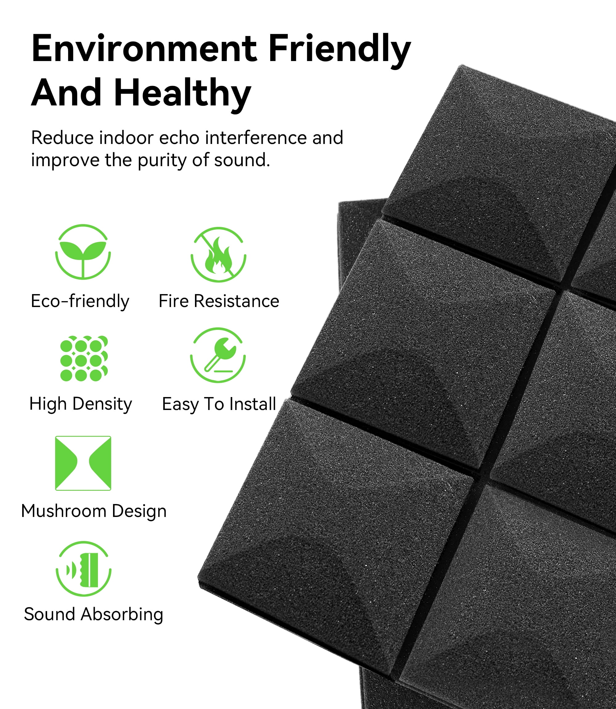 AOLIGO 24 Pack Acoustic Foam Panels, 2" x 12" x 12" Mushroom Sound Proof Foam Panles Soundproofing Noise Cancelling Wedge Panels for Home Office Recoding Studio, Black