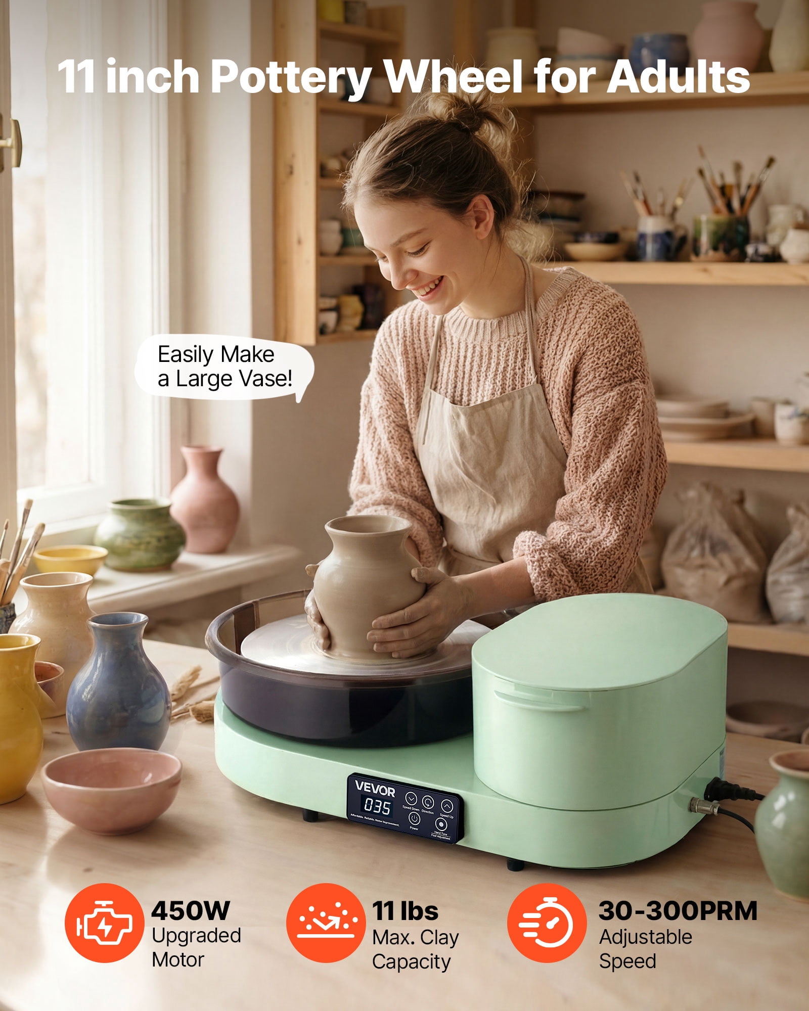 VEVOR Pottery Wheel for Adults, 11" Aluminum Turntable, 450W Electric Table Top Pottery Wheel with Foot Pedal, 30-300 RPM Adjustable Speed, Aluminum Body, for Beginners, DIY Clay Art Craft, Green