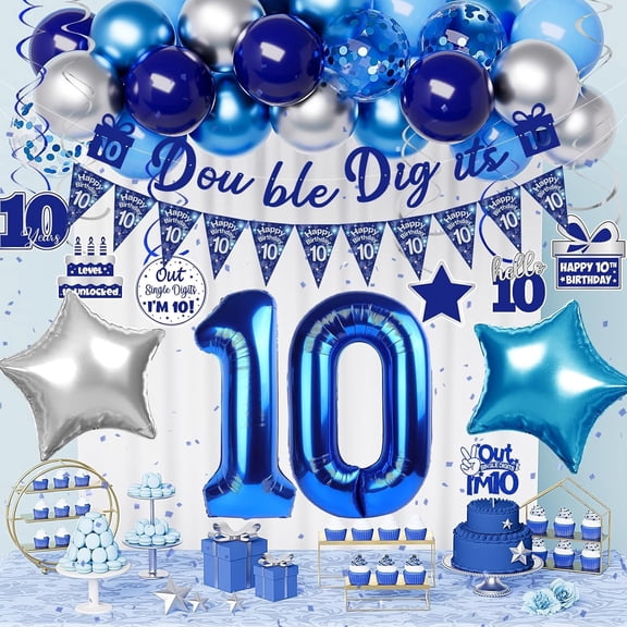 Blue 10th Birthday Decorations, Double Digits Banner, 10 Year Old Birthday Decorations for Boys, Blue and Silver Balloons Number 10 Balloon Hanging Swirls Cake Topper Triangle Flag