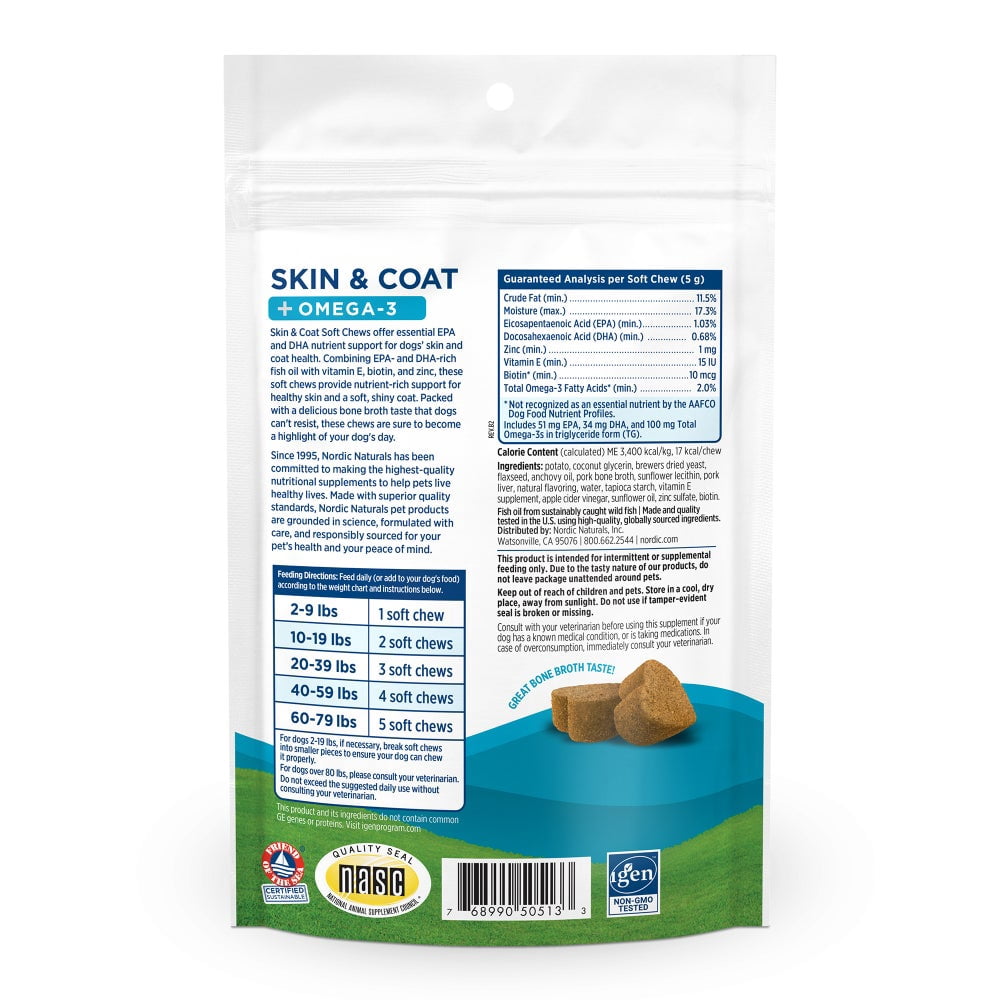 Nordic Naturals Pet Skin & Coat Soft Chews with Omega-3 - Pork Bone Broth Flavor, 30 Count
