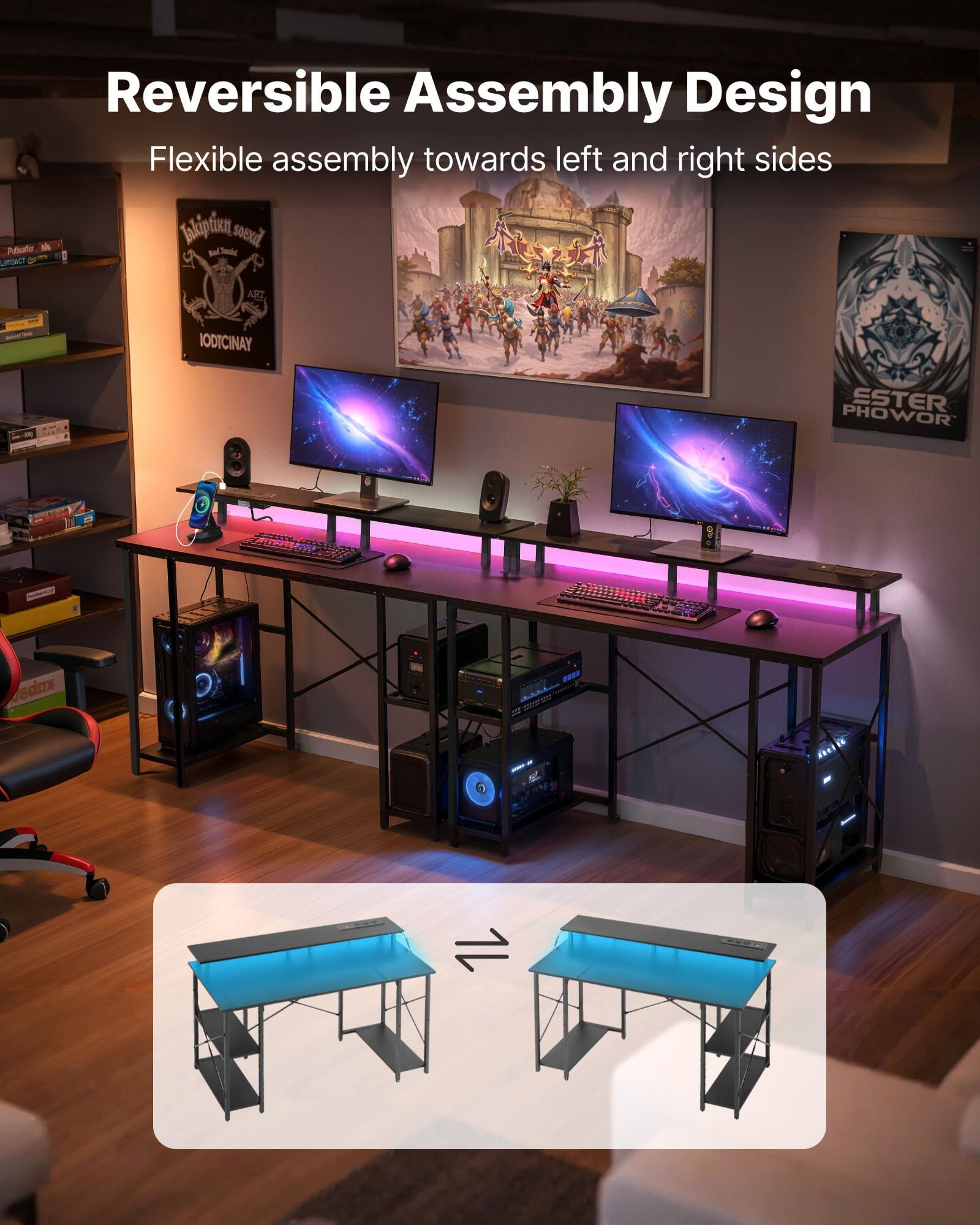 47" Black Gaming Desk Featuring LED Lighting System, Convenient Power Outlets, Monitor Stand and Two-Tier Shelves for Home Office Study