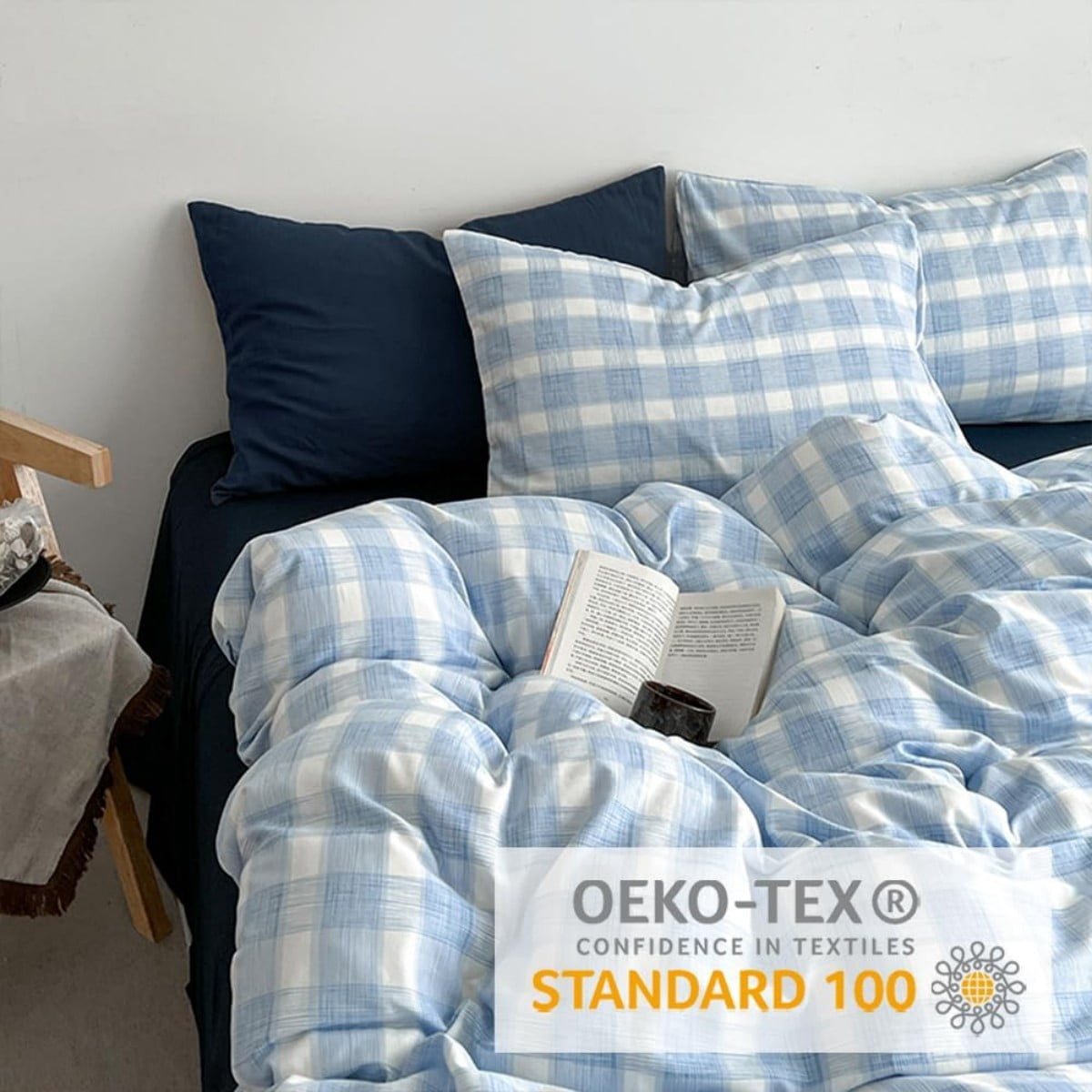 NAYOROOM Blue White Checked Geometric Duvet Cover King Set, 3-Piece Fresh Checkered Pattern Breathable Comforter Cover