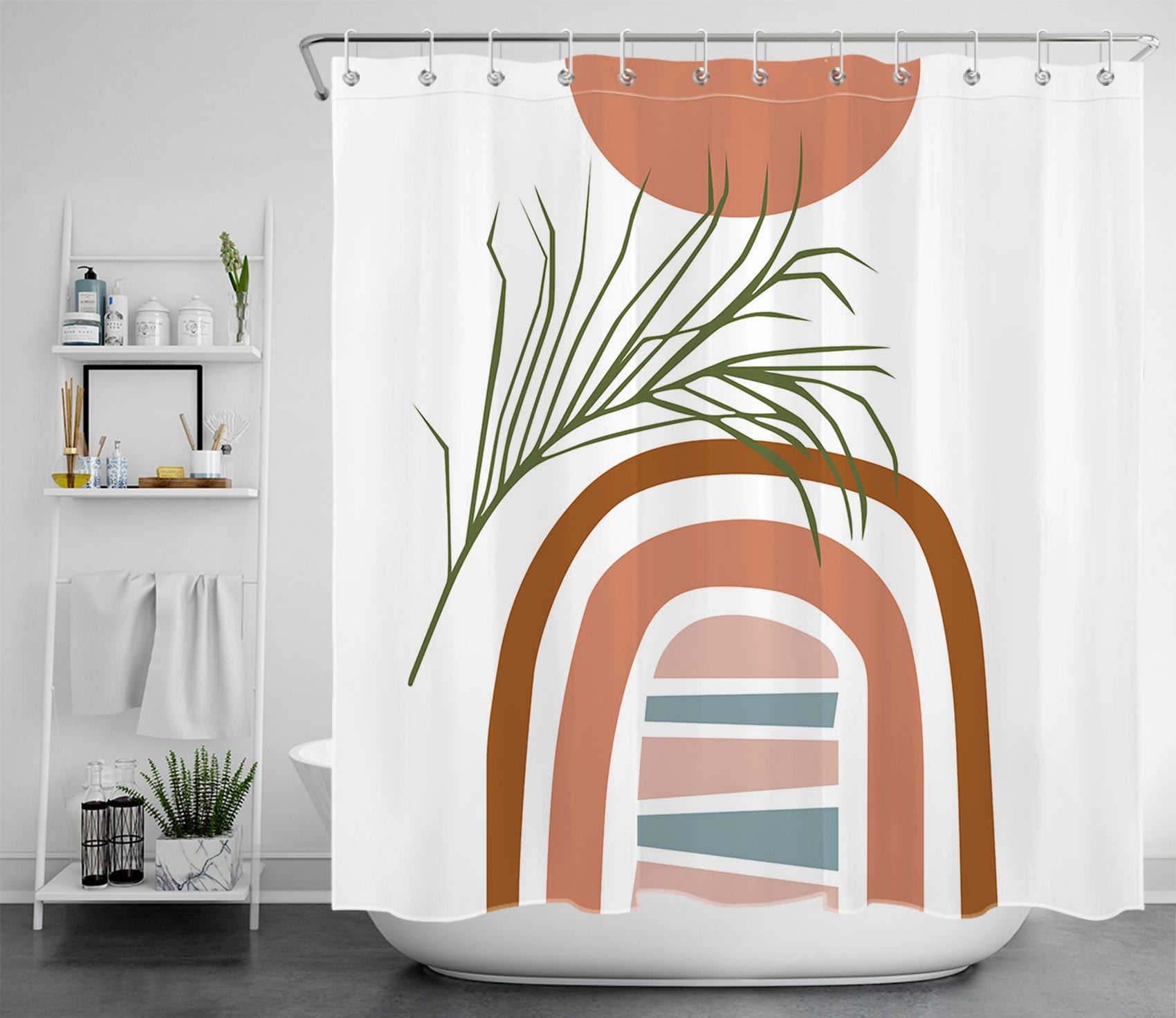 HVEST Boho Shower Curtain for Bathroom,Minimalist Green Leaves Fabric Shower Curtain,Modern Abstract Geometric Polyester Waterproof Decor Accessories Bath Curtain with Hooks,72x78 Inches