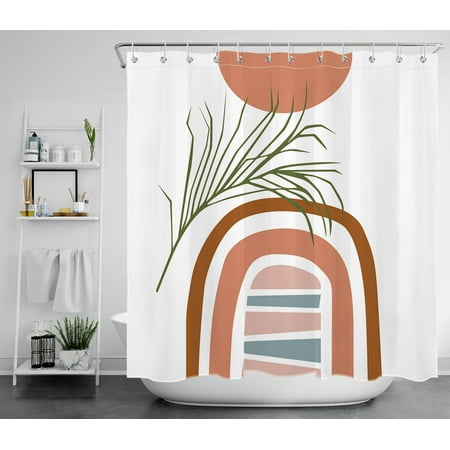 HVEST Boho Shower Curtain for Bathroom,Minimalist Green Leaves Fabric Shower Curtain,Modern Abstract Geometric Polyester Waterproof Decor Accessories Bath Curtain with Hooks,72x78 Inches