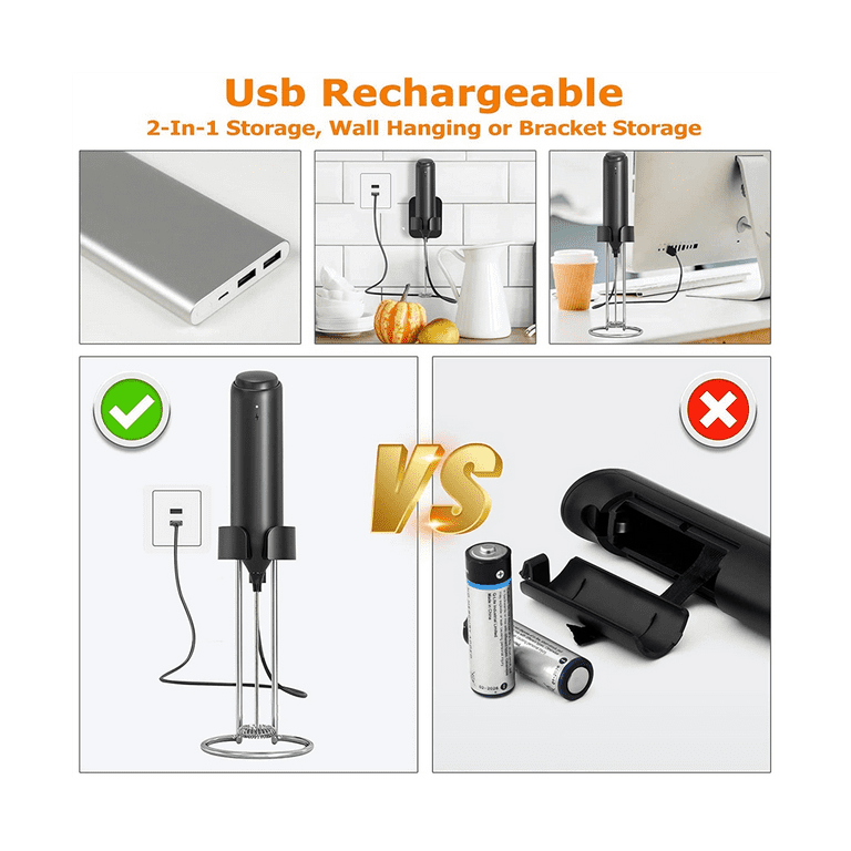Rechargeable Milk Frother Handheld with Stand - Wall Hanging or