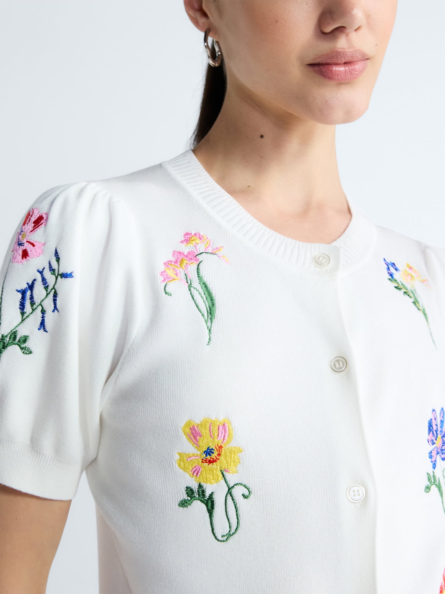 Free Assembly Women's and Women's Plus Embroidered Cardigan Sweater with Puff Sleeves, Lightweight, Sizes XS-4X